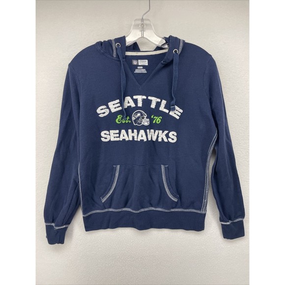 Seattle Seahawks Womens Top Blue Medium M NFL Logo Hooded V-Neck Kangaroo Pocket - Picture 1 of 11